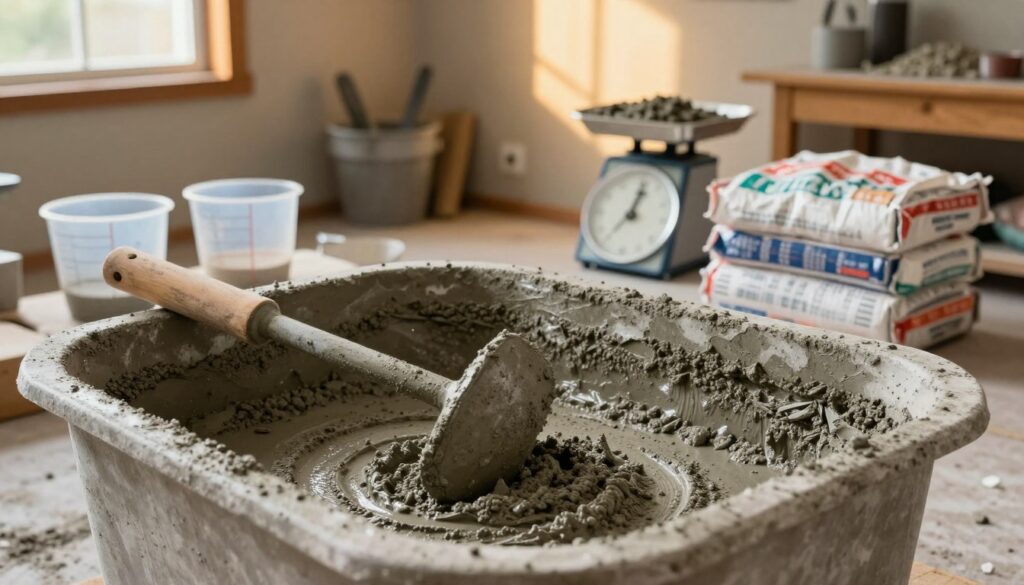 A detailed scene depicting a blend of concrete, showcasing various stages of mixing in a home environment. In the foreground, a large mixing tub filled with freshly mixed, textured concrete, with a sturdy paddle mixer partially submerged. In the middle ground, a set of measuring cups, a scale, and bags of cement and aggregate materials neatly arranged around the mixing tub. The background features a cozy home garage with warm, ambient lighting filtering through a window, casting soft shadows. The atmosphere is industrious yet approachable, ideal for DIY enthusiasts. The image captures a clear view, taken from a slightly elevated angle, emphasizing depth and clarity, while maintaining focus on the process of making quality concrete at home.