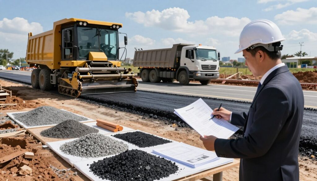 A detailed scene depicting a construction site focused on road hardening costs. In the foreground, an engineer in professional business attire examines plans over a set of construction materials, such as gravel and asphalt, laid out neatly. In the middle ground, heavy machinery like a paving machine and a dump truck are actively working on a partially completed road, showing a clear layer structure of compacted soil, gravel, and fresh asphalt. The background features a clear blue sky with a few fluffy clouds, along with a distant view of a city skyline. The lighting is bright and sunny, casting crisp shadows. The mood is industrious and professional, reflecting the careful considerations involved in road construction projects.