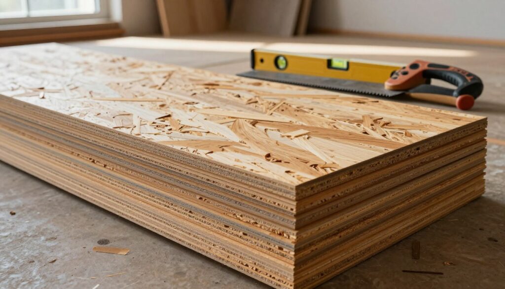 A detailed scene depicting several OSB (Oriented Strand Board) panels stacked in a well-lit workshop environment. In the foreground, close-up textures of the OSB boards showcase their layered wood strand appearance, emphasizing their structural integrity. In the middle ground, various tools for floor installation, such as a level and a saw, are arranged neatly alongside the panels, illustrating the application process. The background reveals partially constructed flooring, highlighting the relevance of OSB in supporting dry screeds and promoting even surfaces. Natural light filters through a window, casting soft shadows and creating a warm, inviting atmosphere, suggesting a professional workspace dedicated to home renovation. The mood is focused and industrious, capturing the essence of a renovation project using OSB for floor leveling.
