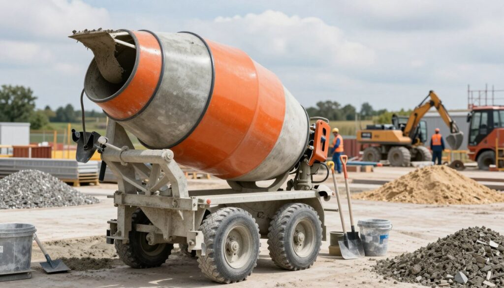 A detailed scene showcasing a concrete mixer (betoniarka) in an industrial setting. In the foreground, the large orange and grey concrete mixer is prominently positioned, with its spinning drum partially filled with cement. In the middle ground, various construction materials like gravel and sand are organized neatly, along with a few shovels and buckets. The background features a construction site with workers in professional attire operating machinery and overseeing the mixing process, all under a partly cloudy sky. Soft natural lighting illuminates the scene, enhancing the textures of the materials. A slight depth of field focuses on the concrete mixer while softly blurring the background, creating an industrious yet organized atmosphere that reflects the importance of choosing the right equipment for preparing concrete.