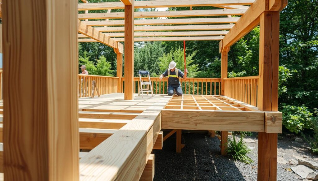 A detailed wooden deck construction, emphasizing the sturdy supporting structure made of wooden pillars and beams, showcases the frame of the deck. In the foreground, the intricate details of the wooden materials, showcasing an array of textures from smooth polished surfaces to rough-cut ends are visible. The middle ground features workers dressed in safety attire, carefully measuring and assembling the framework, illustrating a collaborative and methodical approach. The background is a serene garden setting with lush greenery, providing a calm atmosphere. The lighting is bright and natural, emphasizing the wood's grain and craftsmanship, while the camera angle captures the construction process from a slight elevation, adding depth and perspective to the scene.