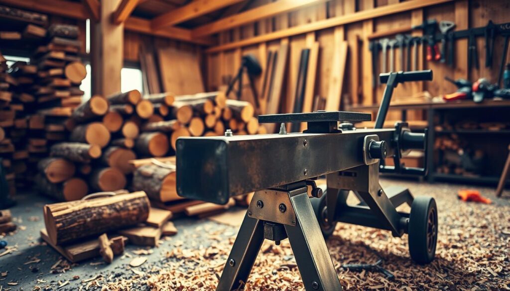 A detailed wooden wood splitter in action, positioned in the foreground. Show the machine's sturdy metal frame, sharp blades gleaming in soft sunlight. Surround the splitter with neatly stacked logs and scattered wood shavings to convey a sense of ongoing work. In the middle ground, include a workshop setting with safety gear such as goggles and gloves visibly placed nearby, emphasizing safety precautions. The background features a workshop environment, with wood beams and tools organized neatly on a wall. Use warm, inviting lighting to create an atmosphere of diligence and craftsmanship, while maintaining a professional focus on safety measures. The angle is slightly from above, capturing both the machine's functionality and the importance of responsible work practices.