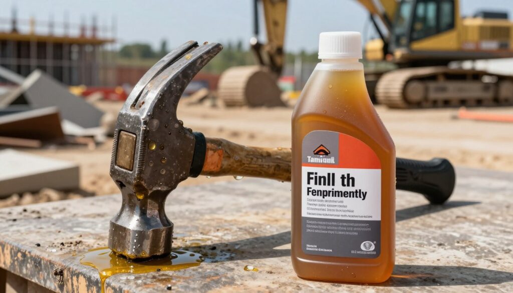 A high-quality oil for a demolition hammer, portrayed in a professional setting. In the foreground, a bottle of viscous, amber-colored lubricant with a shiny label showcasing technical specifications about its viscosity and temperature range. The middle ground features a large, rugged demolition hammer resting on a workbench, with droplets of oil glistening on its metallic surface. In the background, a construction site is visible, with heavy machinery and debris, emphasizing the industrial nature of the subject. The lighting is bright and natural, simulating daylight, creating a sharp contrast and highlighting the texture of the oil and hammer. The atmosphere is focused and technical, ideal for illustrating key technical parameters in selecting the right lubricant for machinery.