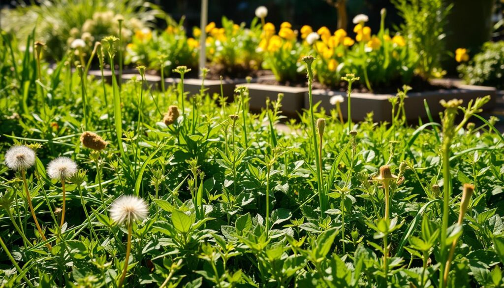 A lush garden overrun by a variety of weeds, showcasing several types including dandelions and clover, prominently in the foreground. The middle ground features healthy green vegetable plants struggling to thrive among the weeds, emphasizing the struggle for space and nutrients. In the background, a well-maintained flower bed contrasts sharply with the chaos of the weed-infested area. The scene is bathed in warm, natural sunlight, creating soft shadows and highlighting the textures of the plants. A slight depth of field effect focuses on the vibrant weeds while softly blurring the background, evoking a sense of both beauty and frustration. The mood is contemplative, capturing the challenges of maintaining a garden.