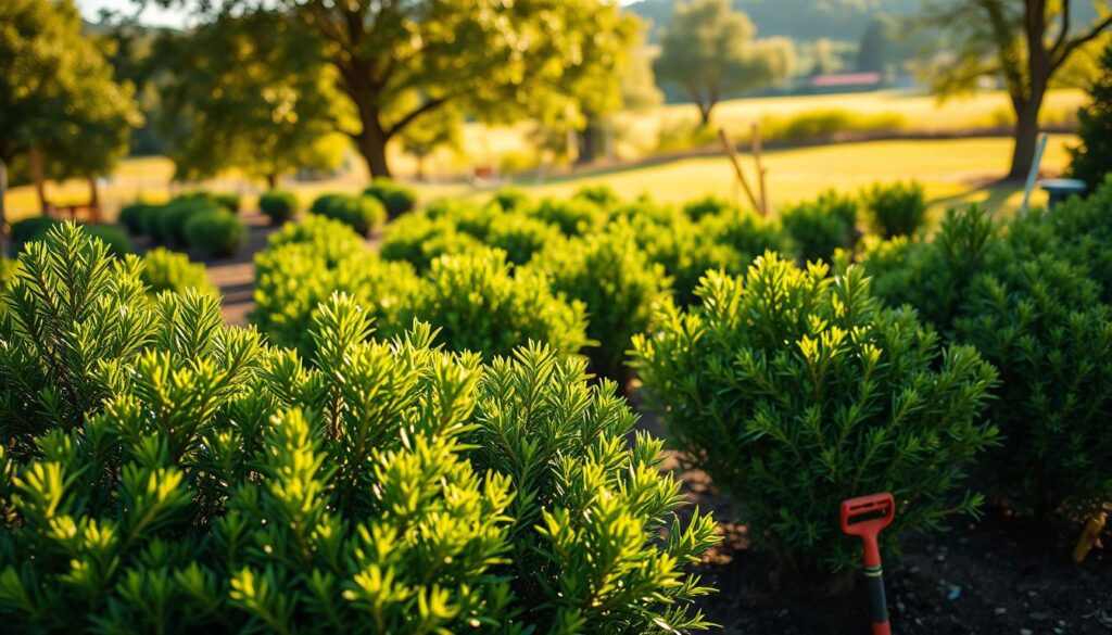 A lush garden scene featuring healthy, vibrant tuja plants ready for transplanting, highlighted in the foreground. In the middle ground, a flourishing garden with neatly arranged tuja bushes of various sizes, showcasing their green foliage. The background reveals a soft blur of a peaceful landscape with trees and garden tools scattered on the ground, suggesting an ideal gardening environment. The lighting is warm and golden, evoking a sunny afternoon, casting gentle shadows. The angle is slightly elevated to capture the depth of the garden, while maintaining focus on the tuja plants. The atmosphere is serene and inviting, illustrating the optimal time for relocating these plants in harmony with nature.