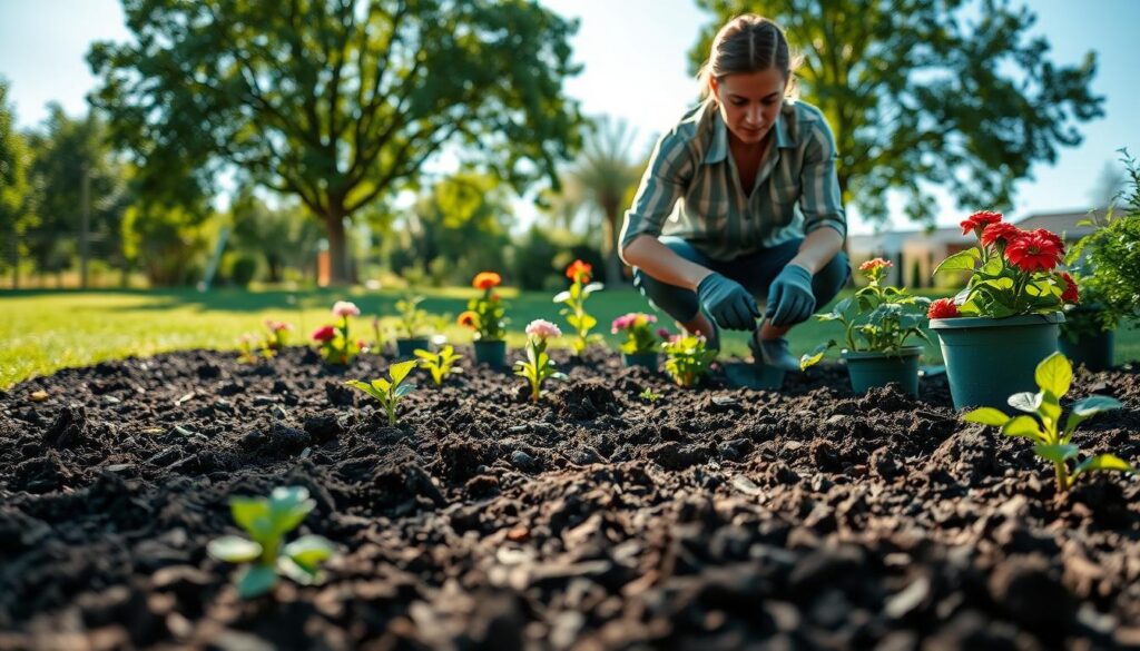 A lush, green garden preparation scene showcasing an extensively mulched garden bed ready for planting. In the foreground, rich, dark compost is neatly spread, with hints of vibrant flowers in biodegradable pots sitting at the edge. The middle ground features a gardener in modest casual clothing, kneeling and testing the soil with a dedicated look, surrounded by gardening tools like a trowel and gloves, highlighting their meticulous care. The background shows a bright blue sky, sun filtering through leafy trees, casting dappled shadows on the ground. Soft lighting enhances the tranquil atmosphere, evoking a sense of peace and purpose, encouraging viewers to see their gardens thrive while preventing weed growth.