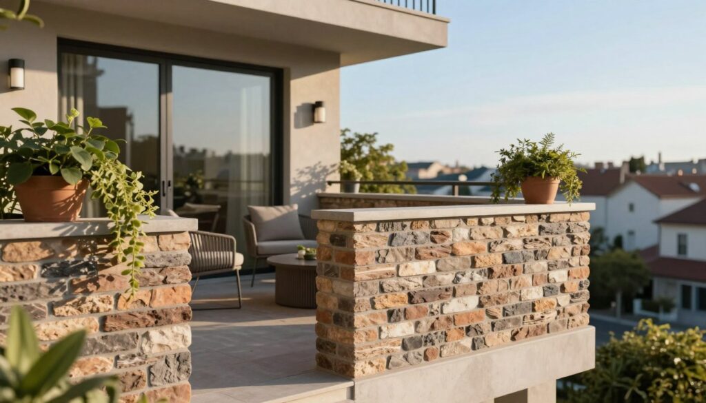 A modern balcony featuring a sturdy masonry wall instead of a traditional railing. In the foreground, the wall is intricately designed with textured bricks, showcasing a blend of earthy tones. Potted plants hang from the edge of the balcony, adding a touch of greenery and life. The middle section captures a cozy outdoor seating area with stylish furniture, creating an inviting atmosphere for relaxation. In the background, a peaceful urban landscape can be seen with soft-focus buildings and a clear blue sky. The lighting is warm and natural, suggesting a late afternoon glow, with shadows softly cast on the balcony surface. Capture the mood of tranquil living, emphasizing the benefits of a masonry barrier as a balcony partition.