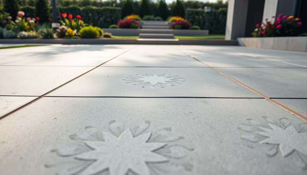 A modern driveway featuring large, stylish concrete slabs as the main focus. In the foreground, showcase the textured surface of the concrete plates, with subtle design patterns that add elegance. In the middle ground, depict these slabs arranged in a geometric layout, emphasizing their clean lines and contemporary aesthetic. The background features a well-manicured garden with vibrant greenery and colorful flowers that enhance the overall scene. Soft, natural lighting casts gentle shadows, creating a serene atmosphere. The angle should be a low shot to emphasize the size of the slabs against the surrounding elements, capturing the harmony between the concrete and nature. This image should evoke a sense of modern sophistication and practicality. A modern driveway featuring large, stylish concrete slabs as the main focus. In the foreground, showcase the textured surface of the concrete plates, with subtle design patterns that add elegance. In the middle ground, depict these slabs arranged in a geometric layout, emphasizing their clean lines and contemporary aesthetic. The background features a well-manicured garden with vibrant greenery and colorful flowers that enhance the overall scene. Soft, natural lighting casts gentle shadows, creating a serene atmosphere. The angle should be a low shot to emphasize the size of the slabs against the surrounding elements, capturing the harmony between the concrete and nature. This image should evoke a sense of modern sophistication and practicality.