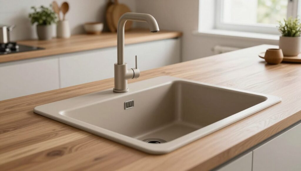 A modern kitchen featuring a stylish sink that harmonizes with a wooden countertop, showcasing a blend of aesthetics and functionality. In the foreground, focus on a sleek, color-coordinated sink in soft earthy tones, reflecting a contemporary design. The middle ground presents a beautifully crafted wooden countertop with subtle grain patterns, adorned with a few decorative kitchen items, like a potted herb or elegant utensils, enhancing the warm and inviting atmosphere. In the background, soft diffused natural light enters through a window, highlighting the textures and colors of the space, creating a serene and cohesive mood. The angle should be slightly elevated, capturing the elegance of the sink while emphasizing its compatibility with the wooden elements of the kitchen interior. No people or text elements should be included.