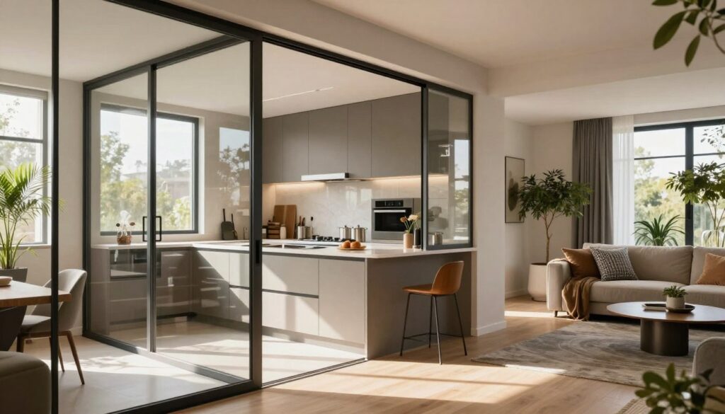 A modern open-concept interior featuring a sleek kitchen seamlessly separated from a stylish living room by elegant glass partitions and sliding doors. In the foreground, the glass walls reflect soft, natural light pouring in from large windows, creating a bright and airy atmosphere. The middle section highlights the contemporary kitchen with polished countertops, minimalist cabinetry, and tasteful decor, while the cozy living room showcases a comfortable sofa, decorative pillows, and a chic coffee table. In the background, indoor plants add a touch of greenery, enhancing the inviting ambiance. The overall mood is harmonious and sophisticated, emphasizing the seamless integration of space with a clean aesthetic. The scene is captured from a slight angle to showcase both areas effectively, with a warm and inviting color palette throughout.