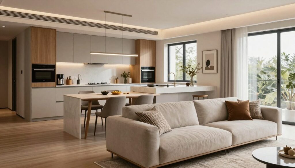 A modern open-plan kitchen and living room seamlessly connected yet visually distinct, highlighting functional zones through furniture arrangement. In the foreground, a stylish, contemporary sofa sits atop a plush area rug, adorned with decorative cushions. In the middle, a sleek dining table with elegant chairs delineates the dining area, next to a spacious kitchen featuring minimalist cabinetry and a large island. The background reveals warm wood accents and ample natural light streaming through large windows, creating an inviting atmosphere. Soft LED lighting enhances the decor while subtle plants add a touch of greenery. Capture this cozy interior from a slightly elevated angle to emphasize the layout and flow of the space, ensuring a harmonious look while showcasing the separation of functional areas.