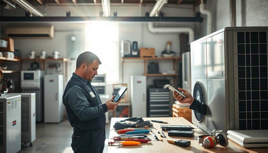 A modern service area for heat pumps, showcasing a technician in professional attire inspecting a sleek, energy-efficient heat pump unit. In the foreground, the technician is using a tablet to check the system's performance, surrounded by essential tools arranged neatly on a workbench. The middle background features a well-lit, organized workshop, with various heating and cooling equipment displayed. Sunlight streams through a window, creating a warm and inviting atmosphere. The overall mood is one of professionalism and efficiency, emphasizing the importance of regular maintenance for quiet operation. Capture this scene from a slightly elevated angle to highlight both the technician's actions and the equipment being serviced, ensuring a clear focus on the task at hand.