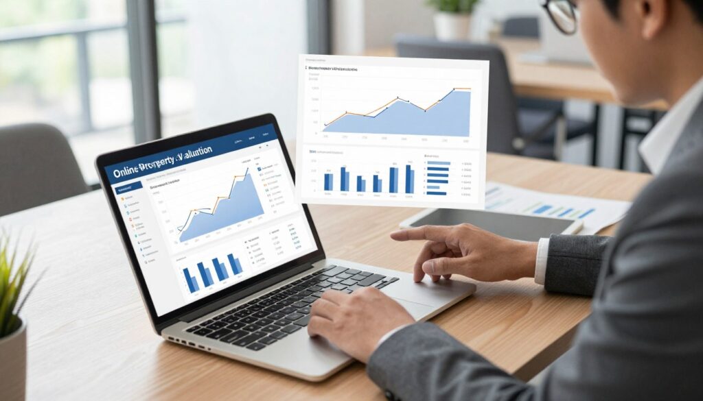A modern workspace illustrating online property valuation, featuring a laptop open with a detailed real estate analysis on the screen. In the foreground, a professional in business attire is studying the data, highlighting the theme of digital evaluation. In the middle ground, there are charts and graphs floating around, visually representing metrics like property value trends and market comparisons. The background shows a contemporary office setting with a large window allowing natural light to illuminate the scene. The mood is focused and analytical, conveying a sense of innovation and efficiency in property valuation. Use a slightly elevated angle to capture the workspace dynamic, ensuring clarity and professional aesthetics throughout. A modern workspace illustrating online property valuation, featuring a laptop open with a detailed real estate analysis on the screen. In the foreground, a professional in business attire is studying the data, highlighting the theme of digital evaluation. In the middle ground, there are charts and graphs floating around, visually representing metrics like property value trends and market comparisons. The background shows a contemporary office setting with a large window allowing natural light to illuminate the scene. The mood is focused and analytical, conveying a sense of innovation and efficiency in property valuation. Use a slightly elevated angle to capture the workspace dynamic, ensuring clarity and professional aesthetics throughout.