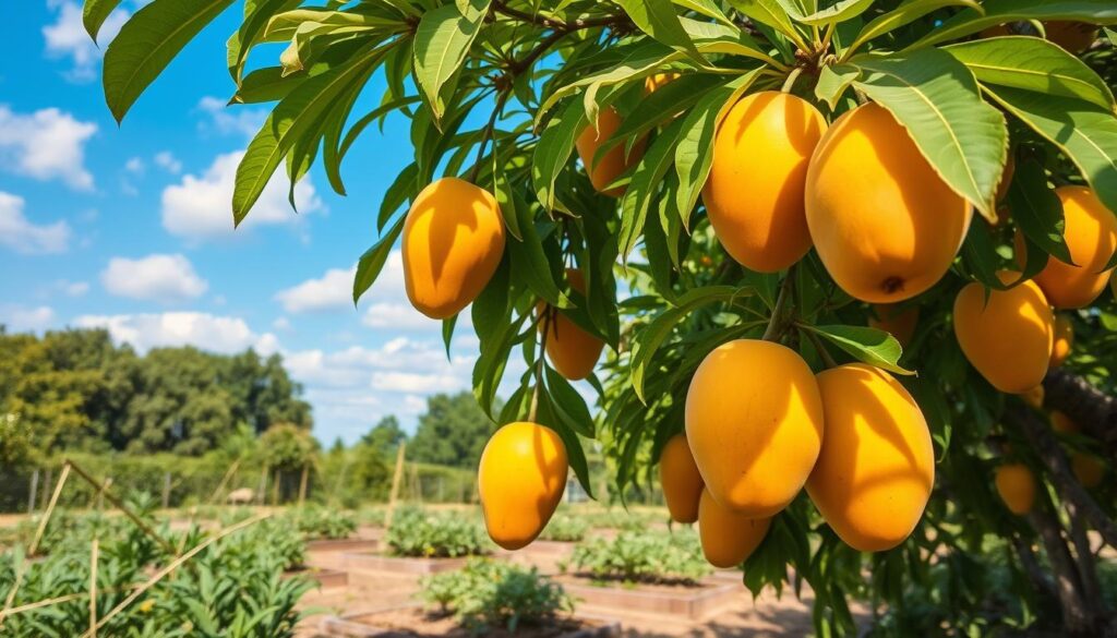 A picturesque scene depicting a vibrant mango tree laden with ripe mangoes, set in a lush garden in Poland. In the foreground, large, sun-kissed mangoes hang from green, leafy branches, showcasing a rich orange-yellow hue contrasting beautifully with the green foliage. In the middle ground, the terrain features well-maintained garden beds with assorted plants indicating a meticulous cultivation effort suited for mango growth. The background reveals a bright blue sky dotted with soft, fluffy clouds, suggesting a warm day. The lighting is soft and natural, casting gentle shadows that enhance the details of the fruits and leaves. The overall atmosphere is inviting and warm, capturing the essence of a unique tropical fruit thriving in an unconventional environment.