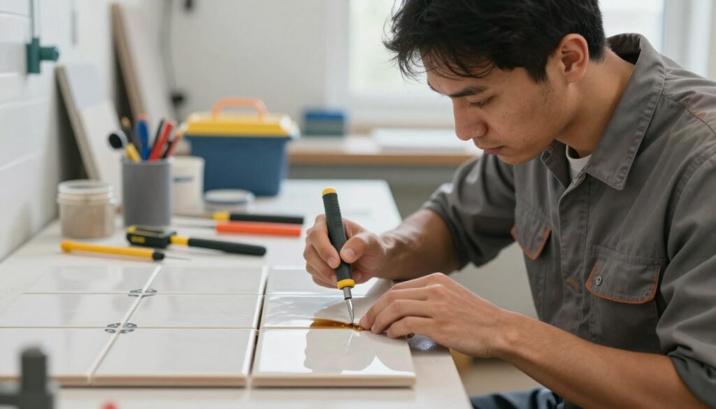 A professional technician in the foreground, wearing modest work attire, skillfully removes silicone from decorative tiles using specialized tools. The technician focuses intently on the tiles, showcasing a detailed close-up of the removal process. In the middle ground, a well-lit workshop environment is visible, with various tools and equipment neatly arranged on a workbench, emphasizing professionalism and efficiency. The background features soft, diffused lighting to create an atmosphere of cleanliness and precision. The tile surfaces reflect a bit of the light, highlighting their smoothness while showing the remnants of silicone being carefully lifted away. The overall mood conveys expertise and meticulousness in the task at hand, with an emphasis on maintaining the integrity of the tiles.