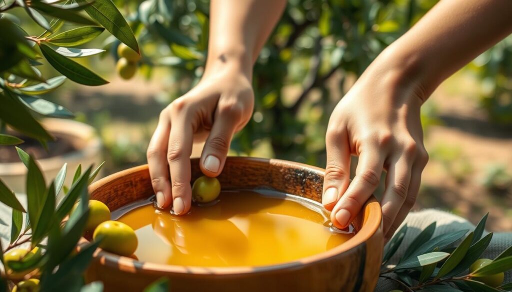A serene and inviting setting for a wellness routine focused on olive oil. In the foreground, a rustic wooden bowl filled with rich, golden olive oil, surrounded by fresh green olives. Soft light filtering through nearby leaves creates a warm, natural glow, emphasizing the texture of the oil. In the middle ground, a pair of hands gently dipping into the bowl, showcasing smooth skin and a relaxed demeanor, dressed in modest and comfortable clothing. The background features a blurred garden scene, filled with lush olive trees and vibrant green foliage, enhancing the feeling of tranquility and rejuvenation. The overall atmosphere is calming, emphasizing self-care and natural beauty.