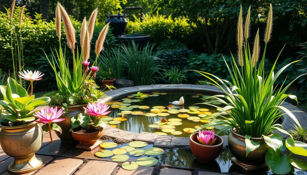 A serene aquatic garden scene showcasing the principles of planting a small water garden. In the foreground, vibrant potted aquatic plants such as water lilies, lotus, and grasses arranged in elegant containers. The middle ground features a small pond with clear water, gently reflecting sunlight. Aquatic plants rooted at the bottom, creating a stunning visual with a mix of greens and colorful blossoms. The background consists of lush greenery and soft shadows of trees, providing a natural haven. Soft, warm lighting enhances the tranquil atmosphere, resembling a late afternoon. The composition should evoke a sense of peacefulness and harmony, perfect for guidelines on planting aquatic plants.