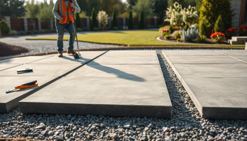 A serene construction site showcasing large concrete slabs, also known as "płyty chodnikowe," arranged for easy installation on a gravel base. In the foreground, focus on a worker in professional attire, carefully measuring the alignment of the slabs, surrounded by tools like a level and a trowel. The middle ground features several large, textured slabs with various shades of gray, showcasing their durable nature. In the background, a beautifully landscaped area is visible, hinting at the transformation these slabs can bring. Soft, natural daylight bathes the scene, creating a warm, inviting atmosphere. The composition should inspire a sense of efficiency and professionalism, highlighting the practicality of using large concrete slabs for driveways. A serene construction site showcasing large concrete slabs, also known as "płyty chodnikowe," arranged for easy installation on a gravel base. In the foreground, focus on a worker in professional attire, carefully measuring the alignment of the slabs, surrounded by tools like a level and a trowel. The middle ground features several large, textured slabs with various shades of gray, showcasing their durable nature. In the background, a beautifully landscaped area is visible, hinting at the transformation these slabs can bring. Soft, natural daylight bathes the scene, creating a warm, inviting atmosphere. The composition should inspire a sense of efficiency and professionalism, highlighting the practicality of using large concrete slabs for driveways.