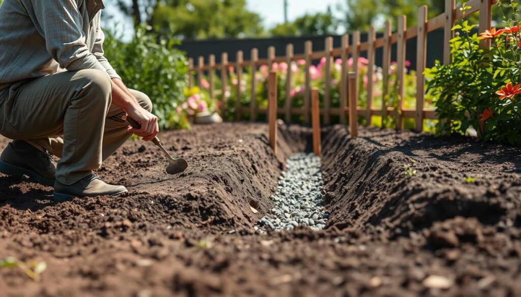 A serene outdoor garden setting showcasing the preparation of ground and foundation for a wooden palisade fence. In the foreground, a worker in modest casual clothing is kneeling, using a trowel to level the soil, emphasizing focus and diligence. In the middle, the area shows a trench being dug, revealing rich, dark soil and gravel, with wooden stakes visibly placed to mark the alignment of the palisade. The background features lush greenery of flowering plants and bushes, under a bright, sunny sky suggesting a pleasant day. Soft shadows enhance the details, while the composition emphasizes the importance of a solid foundation for garden landscaping, creating an inspiring and practical atmosphere for gardening enthusiasts.
