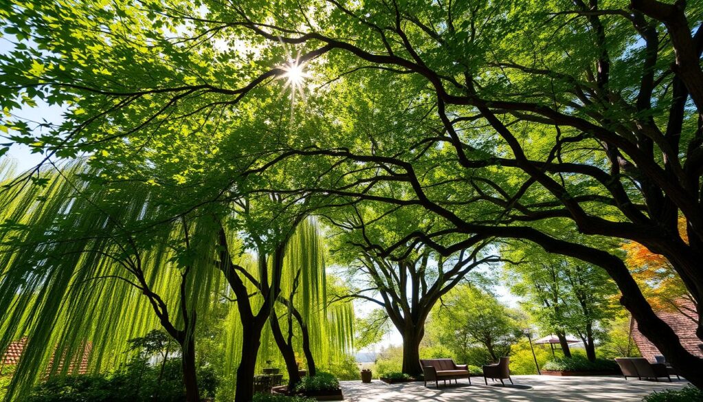 A serene outdoor terrace in the foreground, shaded by a diverse canopy of trees providing natural shelter. Lush, green foliage features a variety of tree species known for their ability to create shade, such as large oak trees, graceful willows, and vibrant maples, creating a harmonious blend. The middle ground captures a cozy seating area with elegant outdoor furniture, arranged beneath the tree cover, inviting relaxation. In the background, sparkling sunlight filters through the leaves, casting dappled shadows on the ground, with a clear blue sky peeking through the branches. The atmosphere is tranquil and inviting, embodying a perfect retreat for enjoying nature. The scene is captured with a slight upward angle, emphasizing the height and grandeur of the trees, ideal for creating a lush, shaded environment.