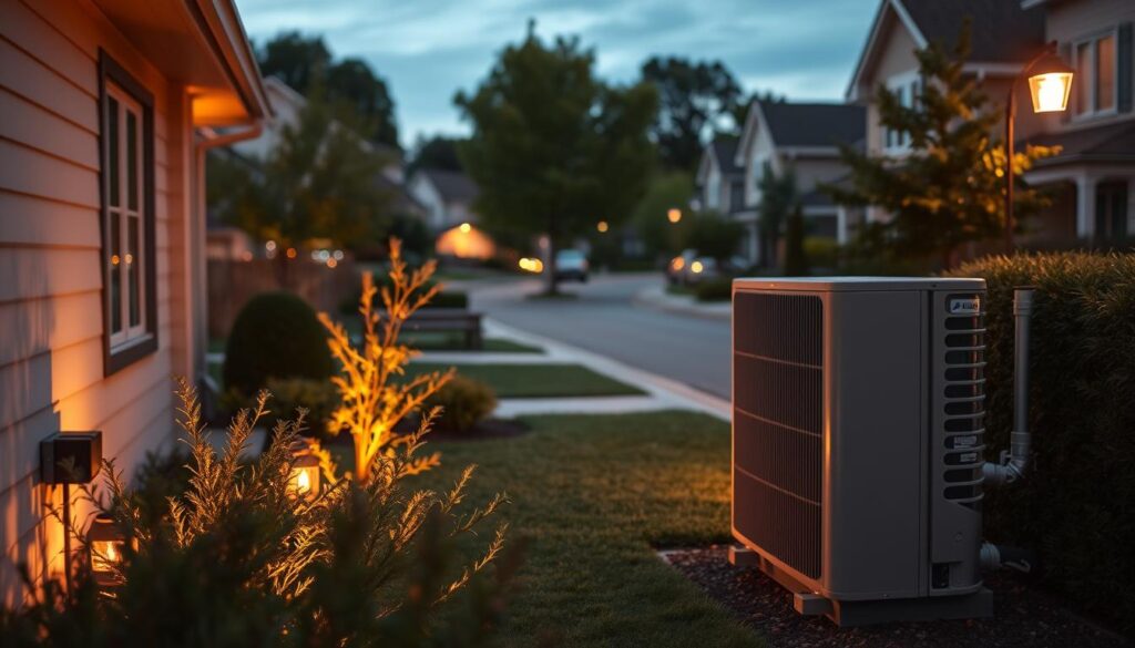 A serene residential setting at dusk, showcasing a modern heat pump installed near a tranquil home. In the foreground, focus on the heat pump, designed with sleek lines and muted colors to blend in with the environment, highlighting its advanced technology and silent operation. The middle ground features a well-maintained garden with soft lighting illuminating the plants, creating a peaceful atmosphere. In the background, a calm neighborhood street lined with trees and houses, demonstrating a harmonious living environment. The lighting should be warm and inviting, casting soft shadows. Capture the scene with a slightly elevated angle to emphasize the distance from the pump, conveying a sense of quietude and effective sound management. The overall mood is tranquil and professional, reflecting the importance of noise regulation in residential areas.