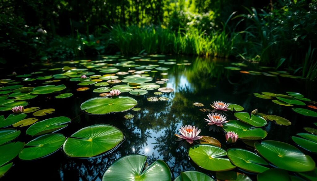 A serene small pond surrounded by lush greenery, featuring vibrant floating plants such as lily pads and vibrant water lilies spreading across the surface. In the foreground, close-up views of various aquatic plants with wide green leaves and delicate flowers, creating a striking contrast against the dark, clear water. The middle ground shows the surface of the pond, reflecting dappled sunlight filtering through a canopy of trees, enhancing the tranquil atmosphere. In the background, gently swaying reeds and a backdrop of soft blurred foliage. The scene is imbued with a sense of peace, emphasizing the vital role floating plants play in purifying water and supporting the ecosystem, captured in soft natural light with a slight vignette effect for depth.