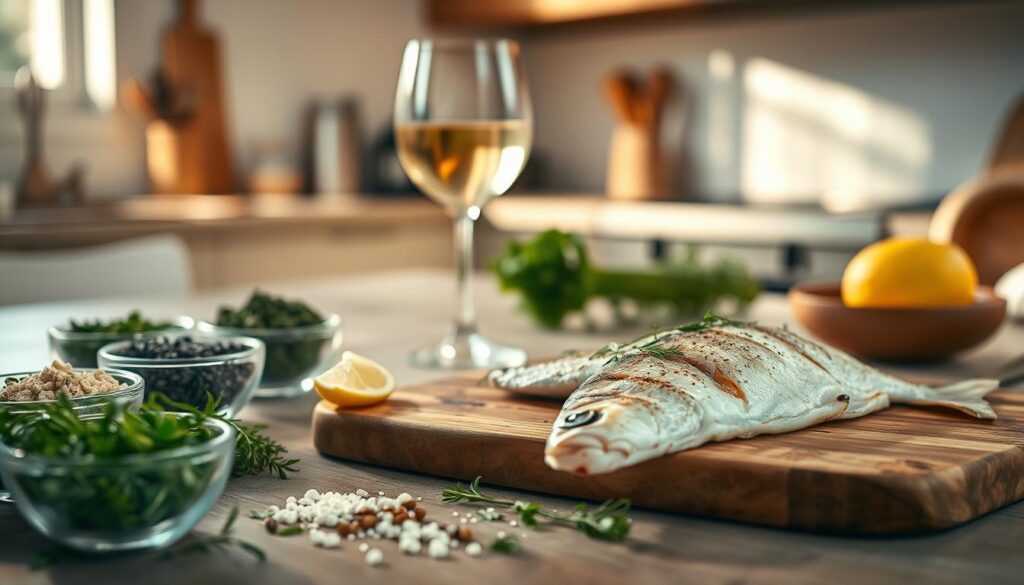 A serene table setting featuring a variety of delicate spices, such as freshly chopped dill, lemon slices, and a pinch of white pepper, artfully arranged in small bowls. The foreground showcases a beautifully grilled white fish, garnished with herbs, placed on a rustic wooden cutting board. In the middle, there is an elegant glass of white wine catching soft, dappled sunlight, enhancing the freshness of the scene. The background consists of a softly blurred kitchen with warm, inviting lighting, highlighting a few functional yet stylish kitchen utensils. The atmosphere is calm and sophisticated, ideal for emphasizing the subtlety of flavor in fish dishes. The composition is intimate, shot with a shallow depth of field to draw focus to the spices and fish. A serene table setting featuring a variety of delicate spices, such as freshly chopped dill, lemon slices, and a pinch of white pepper, artfully arranged in small bowls. The foreground showcases a beautifully grilled white fish, garnished with herbs, placed on a rustic wooden cutting board. In the middle, there is an elegant glass of white wine catching soft, dappled sunlight, enhancing the freshness of the scene. The background consists of a softly blurred kitchen with warm, inviting lighting, highlighting a few functional yet stylish kitchen utensils. The atmosphere is calm and sophisticated, ideal for emphasizing the subtlety of flavor in fish dishes. The composition is intimate, shot with a shallow depth of field to draw focus to the spices and fish.