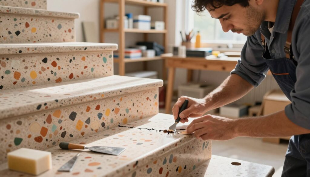 A skilled technician in a professional outfit carefully repairing a terrazzo stairway, focused on filling cracks and chips in the glossy surface. The foreground features close-up details of the technician applying a repair compound, with tools like a trowel and sanding block nearby. In the middle ground, the well-worn yet beautiful terrazzo stairs display a mix of vibrant color aggregates. The background showcases a softly lit workshop with shelves filled with restoration materials and equipment, creating a warm and inviting atmosphere. Natural light filters in through a window, casting gentle shadows across the scene, evoking a sense of craftsmanship and dedication to restoring beauty.