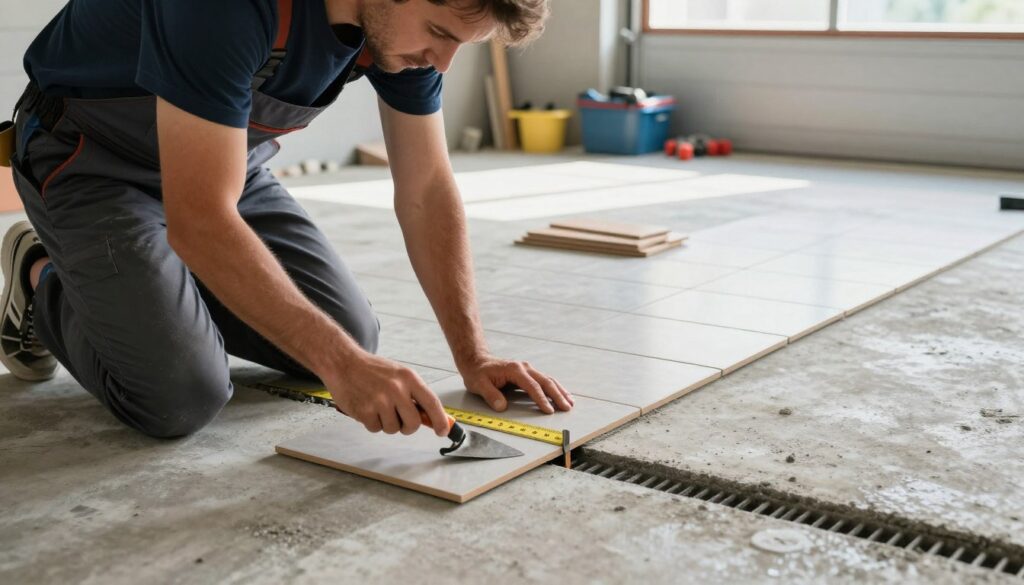A skilled tradesperson in professional attire carefully lays tiles in a garage, starting from the lowest point to ensure proper drainage. The foreground features the tradesperson, focused and precise, measuring and cutting tiles with a trowel and tile cutter. In the middle ground, neatly arranged cut tiles are partially laid on a sloped concrete floor, creating a gradual incline towards a drain. The background showcases a well-lit garage space with tools and materials organized neatly. Soft, natural light filters in from a window, creating a bright and inviting atmosphere. The scene emphasizes attention to detail and craftsmanship, highlighting the technique of tile installation for effective water drainage.