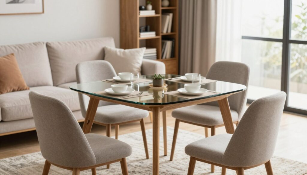 A small modern living room featuring a compact, stylish dining table with sleek lines, made of wood and glass, surrounded by four upholstered chairs. In the foreground, the table is set with minimalist tableware, showcasing a warm and inviting atmosphere. In the middle, a cozy sofa in soft neutral tones complements the table, while a plush area rug adds texture. The background features a stylish bookshelf filled with books and decorative items, with a large window allowing natural light to flood the room, creating a bright, airy feel. The scene is captured with a soft focus effect, emphasizing comfort and functionality, ideal for a small space.