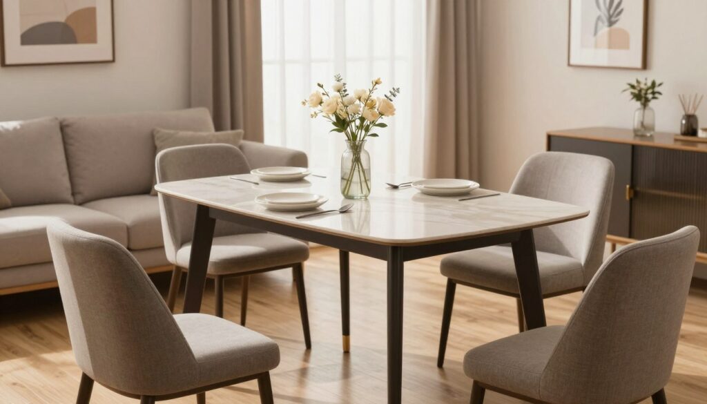 A small modern living room featuring a stylish, extendable dining table at its center. In the foreground, the table is elegantly set with minimalist decor, including a subtle vase of fresh flowers and neatly arranged tableware reflecting contemporary design. The middle ground showcases cozy seating—plush chairs with neutral upholstery around the table—inviting an intimate atmosphere. The background reveals a soft, warm light filtering through sheer curtains, complemented by tasteful wall art and a light wooden floor. The image captures a perfect balance of functionality and aesthetics, creating a welcoming environment ideal for everyday use while maximizing the space. The mood is warm and inviting, suitable for family gatherings or casual dining.