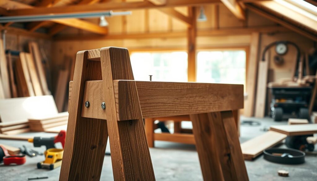 A sturdy wooden "koziołek cięcia" (sawhorse) positioned prominently in the foreground, showcasing its solid construction with thick legs and a wide top for stability. The wood grain should be clearly visible, emphasizing craftsmanship. Tools such as a saw, measuring tape, and nails are neatly arranged beside the sawhorse, highlighting the necessary materials for building it. In the middle ground, a workspace is visible, cluttered with wood planks and additional tools, enhancing the practicality of the scene. The background features a well-lit workshop with wooden beams and natural light streaming in, creating a warm and inviting atmosphere. The image captures the essence of woodworking, conveying a sense of reliability and comfort in using the sawhorse for cutting wood.