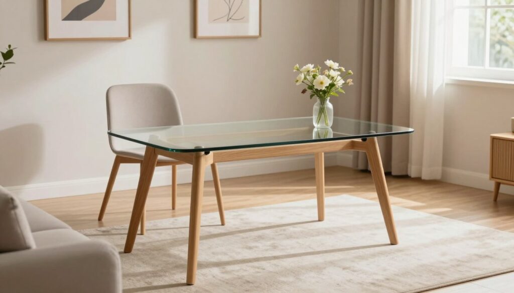 A stylish and compact living room table, elegantly designed with a glass top and sleek wooden legs, positioned in a cozy, well-lit space. The foreground features a small vase with fresh flowers on the table, creating a welcoming atmosphere. In the middle, the table is surrounded by minimalist chairs, harmonizing with the modern aesthetic of the room. The background showcases light-colored walls adorned with subtle artwork, enhancing the sense of spaciousness. Soft, natural light filters through a nearby window, casting gentle shadows and highlights, while a stylish rug anchors the scene. The overall mood is inviting and airy, reflecting the tricks of creating an optical illusion of expanded space in interior design.