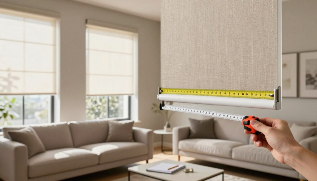 A stylish interior scene showcasing a beautifully designed living room with "day and night" roller blinds elegantly fitted to a large window. In the foreground, a hand is holding a measuring tape, demonstrating the process of measuring for the blinds. The middle ground features a sleek couch and a small coffee table with a notepad and pencil, hinting at the preparation for choosing the right blinds. The background shows sunlight filtering through the blinds, creating soft shadows on the wall and highlighting the texture of the fabric. The atmosphere is warm and inviting, with a carefully arranged color palette of neutral tones. Natural lighting enhances the scene, captured from a slightly elevated angle to provide a comprehensive view of the measuring process and the overall space.