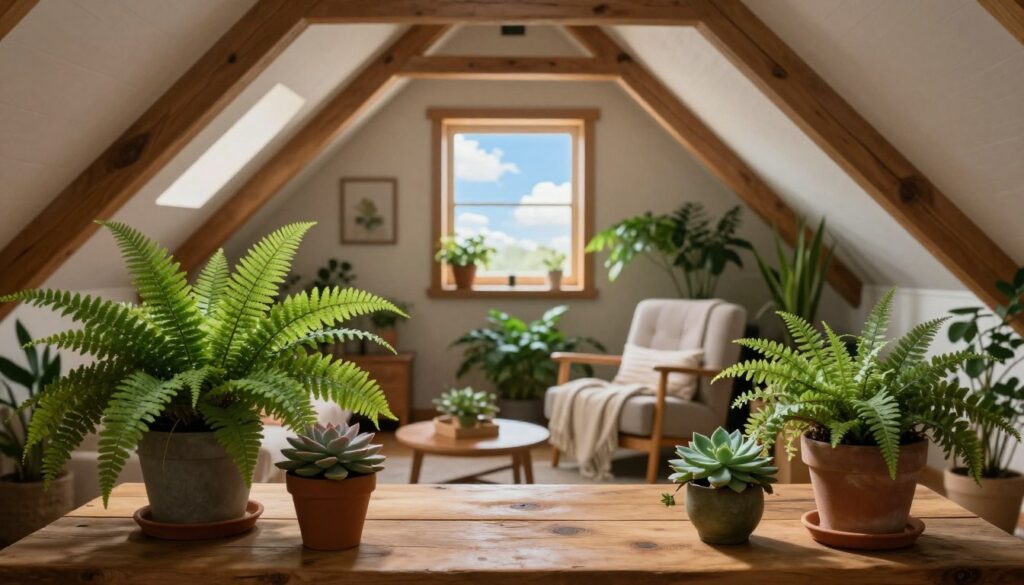 A tranquil attic space bathed in soft, natural light filtering through warm, wooden beams. In the foreground, several lush potted plants—such as vibrant ferns and small flowering succulents—are strategically arranged on a rustic wooden table. Their greenery adds a refreshing contrast to the muted tones of the attic. In the middle, a cozy seating area features an inviting armchair adorned with a light throw, surrounded by additional greenery. The background reveals a quaint window with a view of a blue sky and wispy clouds, enhancing the serene atmosphere. The overall mood is peaceful and rejuvenating, perfect for illustrating how indoor plants can provide a natural cooling effect in summer. The image captures a sense of comfort and tranquility, ideal for a home environment.
