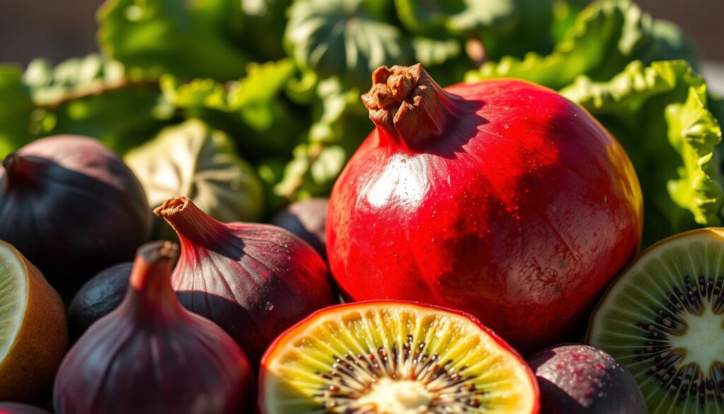 A vibrant and detailed close-up image of a variety of fruits known for their high iron content, prominently featuring a rich, deep red pomegranate with its seeds glistening in the light. Surrounding the pomegranate, lush figs with dark purple skin and slices of ripe kiwi displaying their vivid green flesh can be seen. In the background, a soft-focus arrangement of leafy green spinach and kale creates a natural setting, enhancing the theme of healthy eating. The scene is illuminated by warm, natural light, casting gentle shadows and creating a fresh, inviting atmosphere. The camera angle is slightly tilted to capture the depth and color contrast of the fruits, evoking a sense of richness and vitality appropriate for a dietary discussion.
