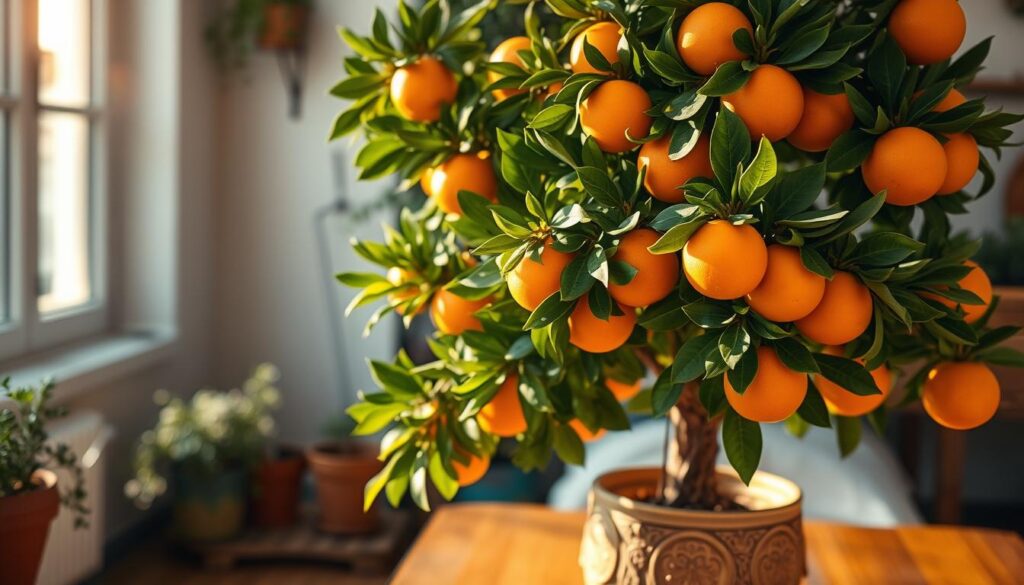 A vibrant and healthy orange tree, laden with bright, glossy oranges, is showcased in a cozy indoor setting. In the foreground, focus on the lush green leaves, capturing the sunlight streaming through a nearby window, creating warm golden highlights. The tree stands prominently in a decorative pot, perhaps with a textured ceramic finish, on a wooden table that adds warmth to the scene. In the middle, a gently blurred background features a hint of potted herbs and gardening tools, suggesting a nurturing environment. The overall atmosphere is one of vitality and tranquility, evoking the joys of home gardening. Soft, natural lighting enhances the scene, while the focus remains on the exquisite details of the orange tree, inviting viewers to imagine nurturing such a plant in their own home.
