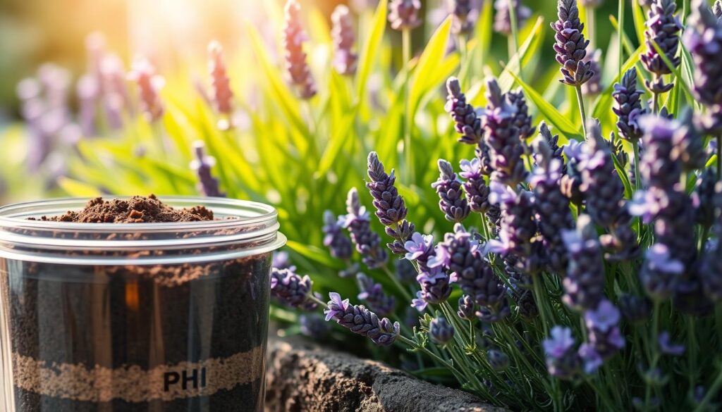 A vibrant close-up of lavender plants, showcasing lush green foliage alongside delicate purple flowers. The scene should depict the soil's pH levels with an emphasis on the healthy, nutrient-rich substrate surrounding the roots. In the foreground, include a transparent container displaying the soil's texture, with visual indicators of pH levels through color variations. The middle ground features a flourishing lavender plant with soft sunlight filtering through, creating a warm, inviting glow. The background displays a serene garden setting, enhancing the overall tranquility of the scene. Use soft focus on the background while keeping the lavender in sharp detail to emphasize its health and vitality. The overall mood should evoke a sense of growth and abundance, ideal for showcasing the essential elements for thriving lavender cultivation. A vibrant close-up of lavender plants, showcasing lush green foliage alongside delicate purple flowers. The scene should depict the soil's pH levels with an emphasis on the healthy, nutrient-rich substrate surrounding the roots. In the foreground, include a transparent container displaying the soil's texture, with visual indicators of pH levels through color variations. The middle ground features a flourishing lavender plant with soft sunlight filtering through, creating a warm, inviting glow. The background displays a serene garden setting, enhancing the overall tranquility of the scene. Use soft focus on the background while keeping the lavender in sharp detail to emphasize its health and vitality. The overall mood should evoke a sense of growth and abundance, ideal for showcasing the essential elements for thriving lavender cultivation.