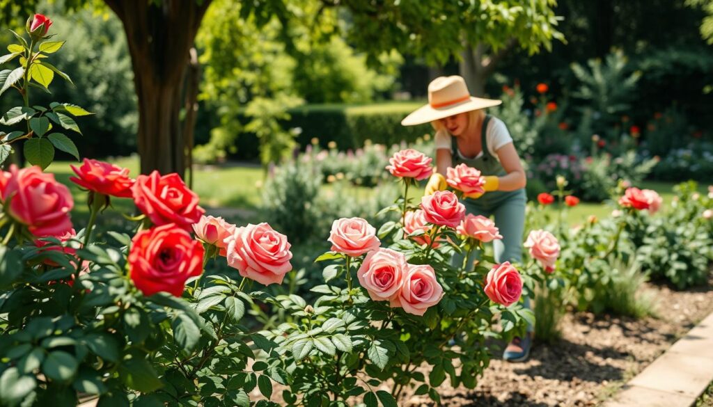 A vibrant garden scene focused on the careful process of fertilizing rose bushes. In the foreground, a gardening professional wearing a sun hat and gloves is gently spreading organic fertilizer at the base of lush, blooming roses in various shades of red and pink. The middle ground features several healthy rose plants, showcasing their intricate petals and deep green foliage. Soft sunlight filters through the trees, casting dappled shadows on the ground, creating a serene and nurturing atmosphere. In the background, a well-maintained garden with blooming flowers and greenery complements the scene, emphasizing the importance of proper care in rose cultivation. The overall mood is cheerful and focused, illustrating the significance of correct fertilization and watering techniques.