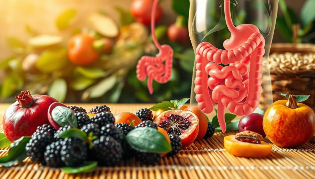 A visually striking illustration depicting the process of iron absorption in the human body. In the foreground, a close-up of a colorful array of fruits high in iron, such as pomegranates, blackberries, and apricots, is artistically arranged on a bamboo table. In the middle ground, an anatomical representation of the human digestive system, highlighting the small intestine, where mineral absorption occurs, is shown in a semi-transparent style to emphasize the connection to the fruits. The background features an abstract blur of leafy greens and grains, symbolizing dietary diversity. The lighting is soft and warm, creating an inviting atmosphere, while a slight vignette directs focus to the fruit and anatomical details. The composition is balanced and engaging, reflecting the intricate process of nutrient absorption.