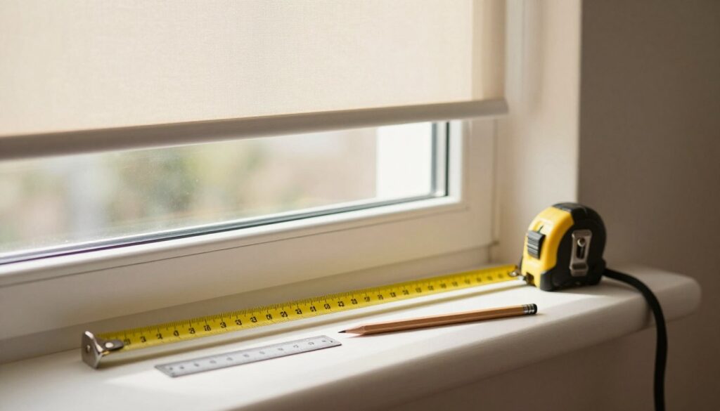 A well-lit workspace showcasing a precise measurement of a window blind. In the foreground, a tape measure extended across a window sill, clearly indicating the width of the glass pane. The midground features a beautifully designed, unobtrusive window frame adorned with elegant day-night roller blinds in soft, neutral tones. The background consists of a warm, inviting interior with soft natural light filtering in through the window, creating a cozy atmosphere. A sleek, modern ruler and a pencil lay beside the tape measure, highlighting tools essential for measurement. The camera angle is slightly above eye-level, focusing on the measurement tools while capturing the essence of a methodical preparation for installing blinds. The overall mood is practical yet stylish, emphasizing the importance of accurate window measurements.