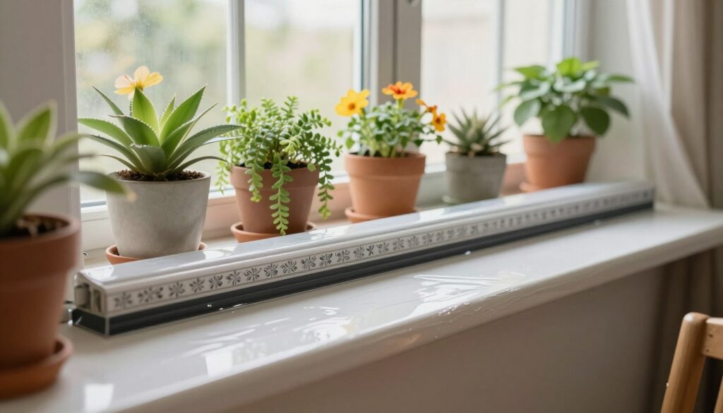 A well-maintained windowsill secured against moisture, showcasing protective measures like a stylish waterproof seal and decorative weather-resistant paint. In the foreground, the focus is on the glossy, freshly painted surface of the sill, reflecting ambient light. The middle features an organized array of potted plants, cascading greenery with vibrant flowers, adding a touch of life. In the background, a bright and airy room with soft natural light filtering through sheer curtains enhances the inviting atmosphere. The scene evokes a sense of freshness and care in home maintenance, highlighting practical solutions for protecting the windowsill. Soft shadows emphasize the textures and colors of the materials, creating a cozy yet polished look.