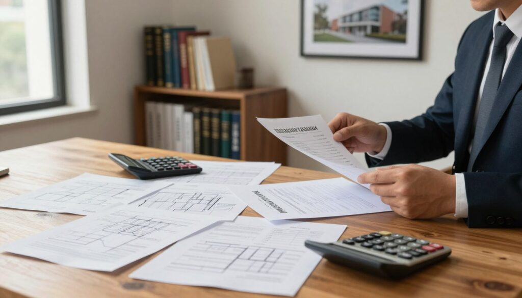 A well-organized documentation workspace for real estate valuation, featuring a large wooden desk in the foreground cluttered with detailed property documents, blueprints, and a calculator. A professional in business attire is examining a set of property evaluation papers under warm, natural lighting that streams in from a nearby window. In the middle ground, a bookshelf filled with reference books on property law and valuation sits, while a framed architectural photograph adorns the wall in the background, adding a touch of sophistication. The atmosphere is focused and studious, evoking a sense of diligence and professionalism in property assessment. The scene captures the essentials of real estate documentation clearly and effectively, without any text or distractions. A well-organized documentation workspace for real estate valuation, featuring a large wooden desk in the foreground cluttered with detailed property documents, blueprints, and a calculator. A professional in business attire is examining a set of property evaluation papers under warm, natural lighting that streams in from a nearby window. In the middle ground, a bookshelf filled with reference books on property law and valuation sits, while a framed architectural photograph adorns the wall in the background, adding a touch of sophistication. The atmosphere is focused and studious, evoking a sense of diligence and professionalism in property assessment. The scene captures the essentials of real estate documentation clearly and effectively, without any text or distractions.