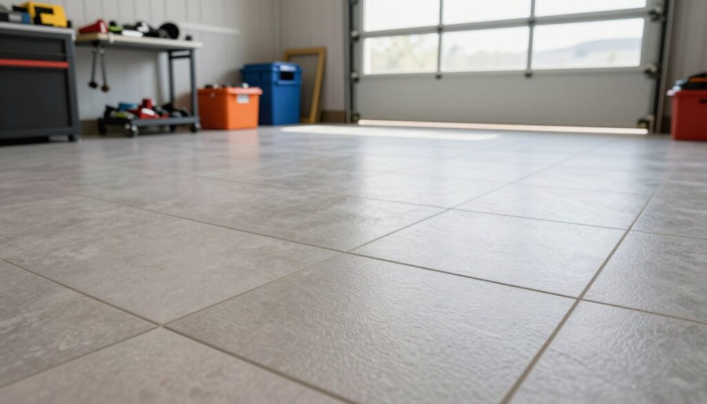 A well-organized garage space featuring high-quality technical tiles, showcasing a slightly sloped floor designed for effective water drainage. In the foreground, focus on a close-up view of the textured tiles, highlighting their durability and non-slip characteristics. The middle ground includes tools and equipment arranged neatly, emphasizing an organized work environment. In the background, large garage doors allow natural light to flood in, creating a bright and inviting atmosphere. Capture the scene using a wide-angle lens to create depth, while soft, diffused lighting enhances the tiles' visual appeal. The overall mood is clean, efficient, and practical, reflecting a professional space suited for home improvement and maintenance.