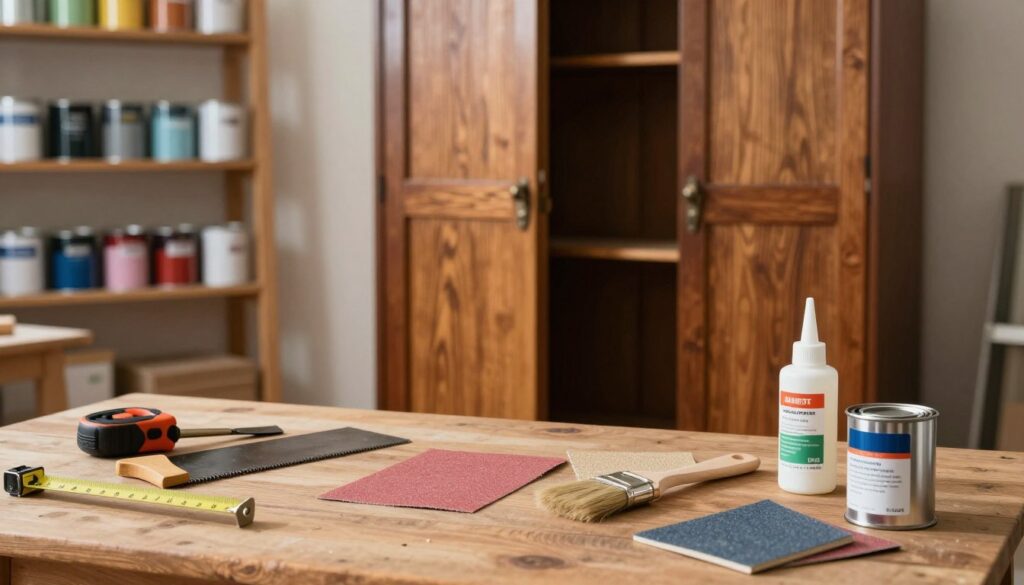 A well-organized workshop scene showcasing essential tools for refurbishing an old wardrobe. In the foreground, a wooden table is scattered with sandpaper, a paintbrush, wood glue, and varnish cans. To the left, a measuring tape and a small hand saw lie next to a well-used chisel, creating a sense of preparation and craftsmanship. In the middle ground, a partially restored vintage wardrobe stands, its doors open to reveal a beautiful wood grain waiting to be polished. The background features shelves filled with an array of paint cans in muted colors, creating a cozy and inviting atmosphere. Soft, diffused lighting illuminates the scene, adding warmth and enhancing the rich textures of the wood and tools, while evoking a mood of creativity and DIY spirit.