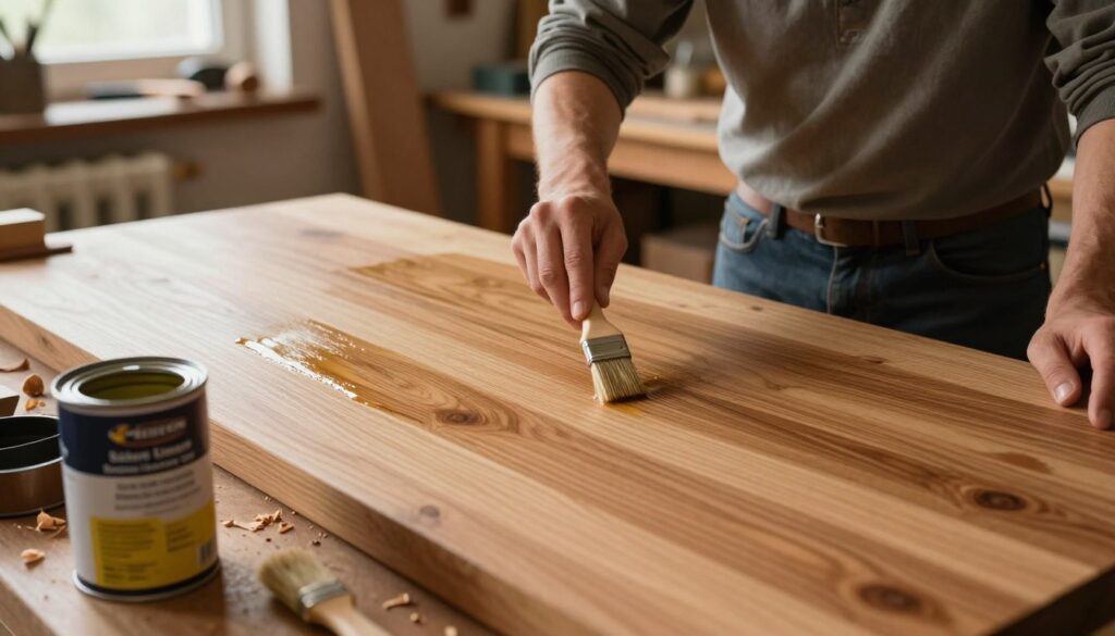 A wooden table top made of oak, the surface glistening with a freshly applied layer of oil, showcasing rich, warm tones and visible wood grain details. In the foreground, a canister of high-quality oil is partially opened, with a brush resting beside it, hinting at the ongoing process of oiling. In the middle, the scene captures an artisan applying the oil with gentle, deliberate strokes, wearing modest casual clothing and focusing on the task. The background features a warm, well-lit workshop filled with tools and wood shavings, enhancing the artisanal atmosphere. Soft, natural light filters through a nearby window, casting a gentle glow over the scene, evoking a sense of craftsmanship and care in preserving the beauty of wood. A wooden table top made of oak, the surface glistening with a freshly applied layer of oil, showcasing rich, warm tones and visible wood grain details. In the foreground, a canister of high-quality oil is partially opened, with a brush resting beside it, hinting at the ongoing process of oiling. In the middle, the scene captures an artisan applying the oil with gentle, deliberate strokes, wearing modest casual clothing and focusing on the task. The background features a warm, well-lit workshop filled with tools and wood shavings, enhancing the artisanal atmosphere. Soft, natural light filters through a nearby window, casting a gentle glow over the scene, evoking a sense of craftsmanship and care in preserving the beauty of wood.