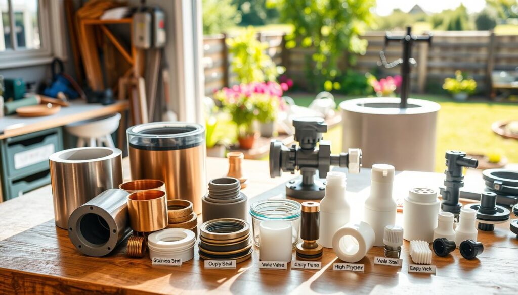 An arranged display of various pump materials on a workshop table, showcasing durability and quality. In the foreground, focus on a selection of robust materials like stainless steel, copper, and high-density polyethylene, each labeled clearly but without text. The middle ground features a partially assembled water pump, highlighting the intricate components like seals, valves, and fittings. In the background, a bright and inviting garden landscape is visible, with a well-maintained water well nearby. Natural sunlight streams in through a window, casting soft shadows and creating a warm atmosphere. Shot from a slightly elevated angle with a narrow depth of field, emphasizing the materials and construction details, while blurring the garden to create a serene backdrop. An arranged display of various pump materials on a workshop table, showcasing durability and quality. In the foreground, focus on a selection of robust materials like stainless steel, copper, and high-density polyethylene, each labeled clearly but without text. The middle ground features a partially assembled water pump, highlighting the intricate components like seals, valves, and fittings. In the background, a bright and inviting garden landscape is visible, with a well-maintained water well nearby. Natural sunlight streams in through a window, casting soft shadows and creating a warm atmosphere. Shot from a slightly elevated angle with a narrow depth of field, emphasizing the materials and construction details, while blurring the garden to create a serene backdrop.