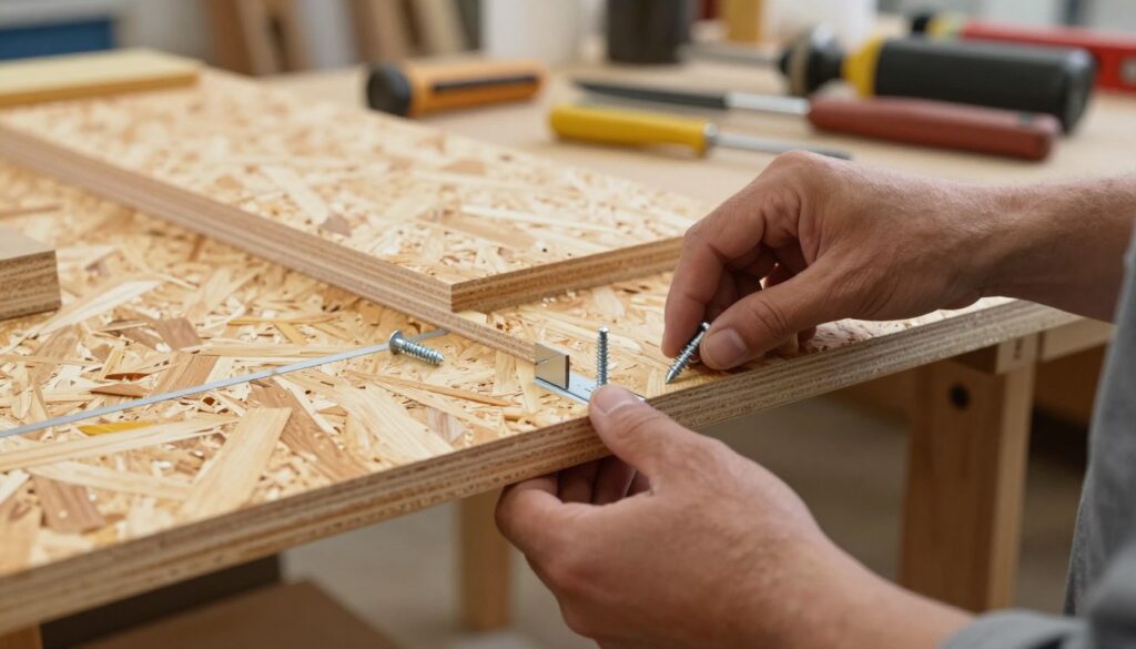 Detailed close-up of various techniques for joining OSB (oriented strand board) panels, showcasing different methods such as screws, dowels, and brackets. In the foreground, a worker's hands assemble a shelf using these techniques, wearing modest casual clothing. The middle ground features neatly arranged OSB panels, showing their textured surface and natural wood tones. In the background, a well-lit workshop environment with tools and materials adds depth, emphasizing a creative DIY atmosphere. Soft, natural lighting illuminates the scene, casting gentle shadows that highlight the craftsmanship. The mood is focused and industrious, reflecting a practical approach to building a stylish, durable shelf.