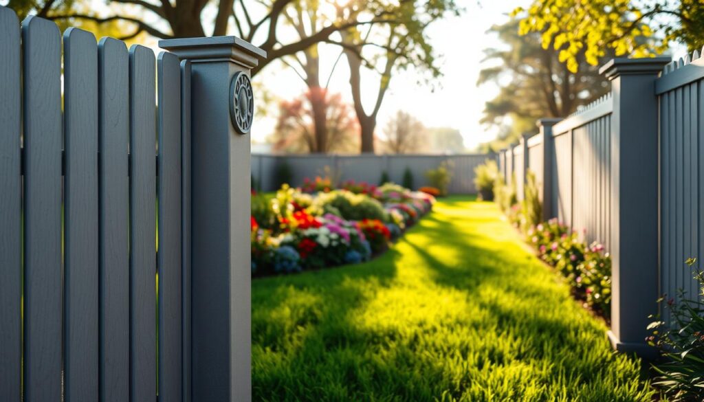 High-quality concrete fence panels are showcased prominently in the foreground, highlighting their smooth, sturdy surfaces and elegant designs. The middle ground features a well-maintained garden, providing a vibrant backdrop of lush green grass and colorful flowering plants that enhance the aesthetic appeal of the fencing. In the background, soft sunlight filters through trees, casting gentle shadows and creating a warm, inviting atmosphere. The scene is captured with a wide-angle lens, emphasizing the details of the fence while maintaining a sense of depth. The overall mood is one of tranquility and sophistication, making it clear that the image reflects exceptional quality in design at an attractive price.